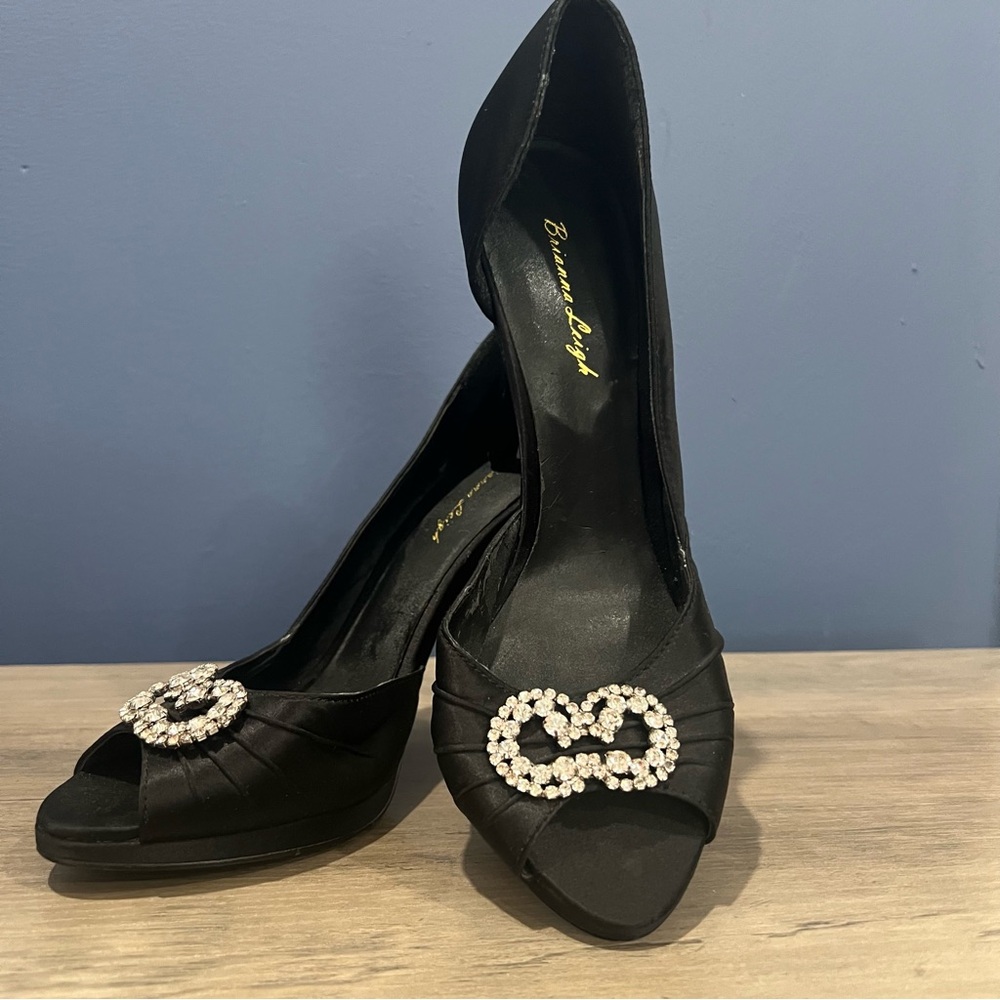 Brianna Leigh Elegant Black Peep-Toe Heels with Rhinestone Detail leather sole 8